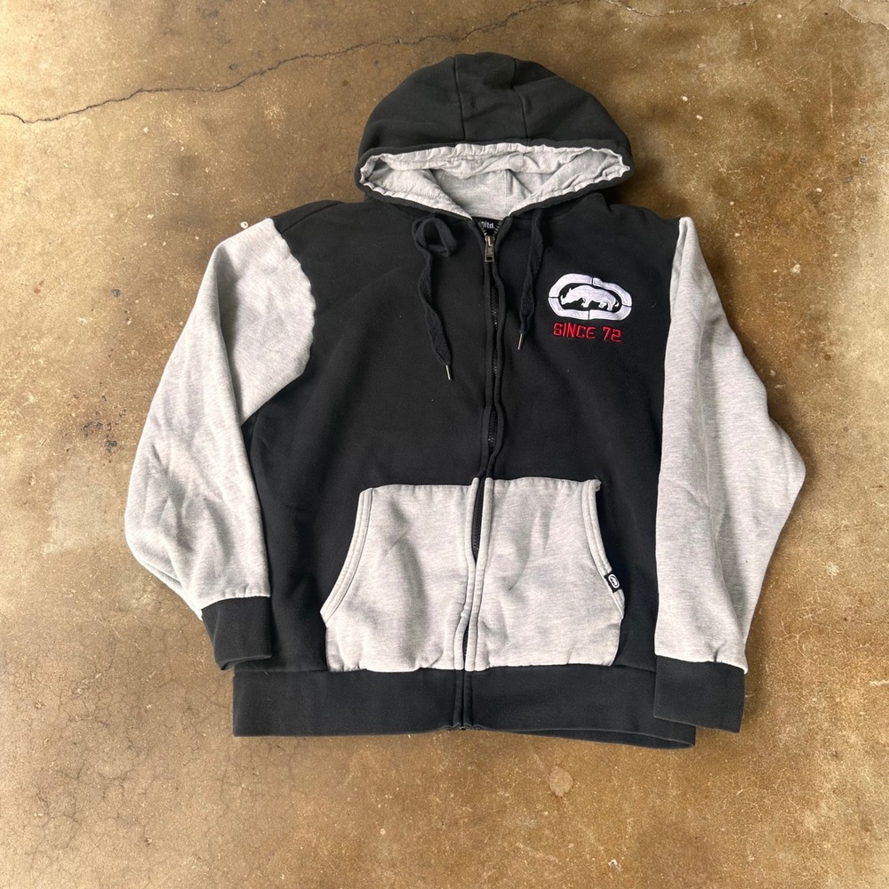 Ecko Unltd Zip Up Hoodie Mens XL Black Gray Excellent Colorblock Rhino Logo